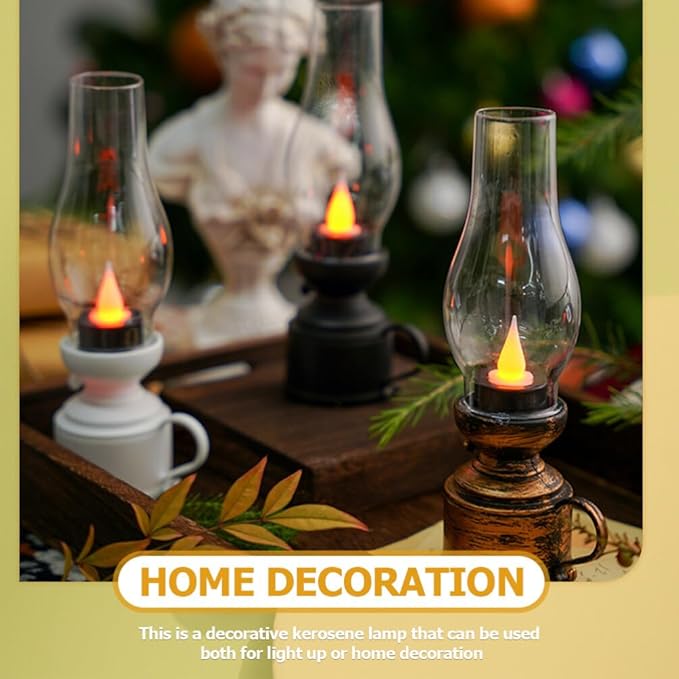 Zerodeko Kerosene Lamp Vintage Flameless Table Lamp Led Kerosene Lantern Clear Hurricane Lamp Battery Operated Nightstand for Bedroom Living Room White