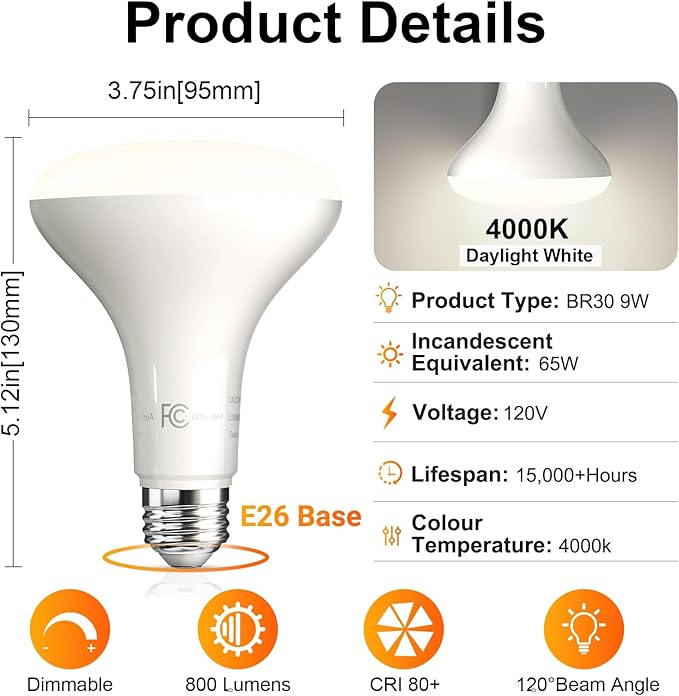 TJOY LED Flood Light Bulb, Recessed Ceiling Bulb, BR30, 65W Equivalent Efficient 9W, Dimmable, E26, Neutral White 4000K, 10 Year, 800 Lumens, 80CRI, 4 Pack LED Ceiling Light for Kitchen, Living Room