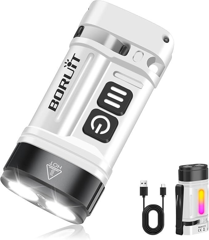BORUIT U10 LED Small Powerful EDC Flashlight with Clip,880LM Mini Pocket Keychain Flash Light with White & RGB Side LEDs,Magnetic,AA or Rechargeable Battery,IPX4 Waterproof for Camping Emergency