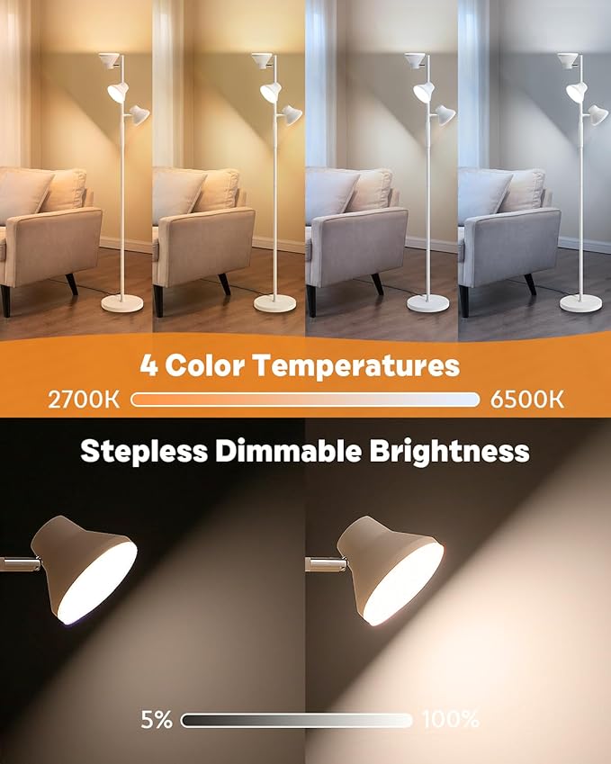 LED Floor Lamp, 36W Modern Floor Lamp with Remote & Touch Control, 4 Color Temperatures, Standing Lamp with 3 Rotatable Lights, Floor Lamps for Living Room, Bedroom, Office