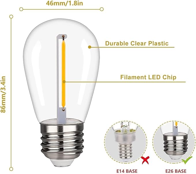 BORT 48Pack S14 LED Replacement Light Bulb, Shatterproof Outdoor String Light Bulbs, 1 Watt to Replace 11Watts Incandescent Bulb, E26 Regular Medium Screw Base, 2200K Warm White, Non-Dimmable