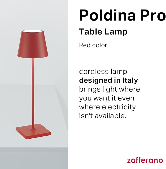 Zafferano, Poldina Pro Lamp, Rechargeable Cordless Table Lamp with Touch Controls, Suitable for Indoor and Outdoor, Dimmer, 2200-3000 K, Height 14.9 Inches, Red Color