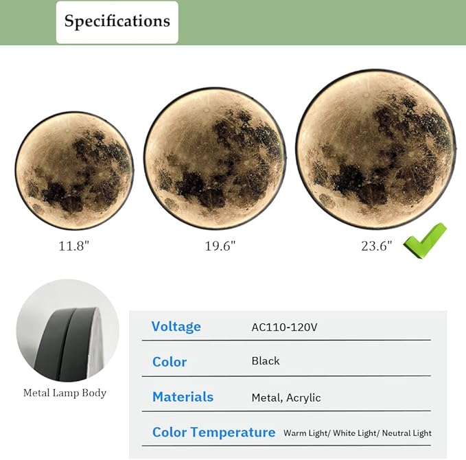 Modern Moon Wall Sconce Lighting, Dimmable Nightlight with Remote Control, Plug in Wall Lamp, Decorative Moon Light for Living Room Hallway (23.6 inch)