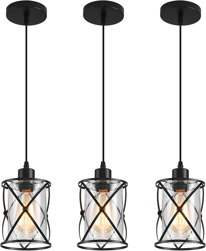3 Lights Industrial Pendant Light with Glass Shade Matte Black Pendant Lighting Adjustable Industrial Retro Style Hanging Light,Kitchen Island Farmhouse Pendant Lights Fixtures for Kitchen,Farmhouse