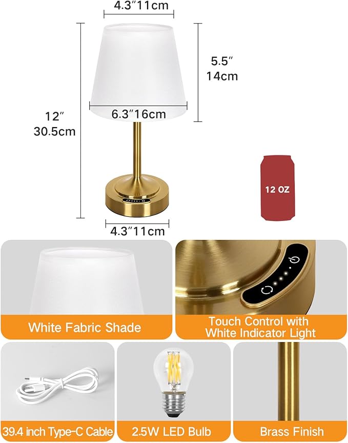 OUTON Cordless Rechargeable Table Lamp – 3 Color Temperatures, Battery Display, Touch Dimmable LED Light, USB-C Charging, Fabric Shade, Memory Function for Bedroom, Living Room, Patio (Small-Gold)