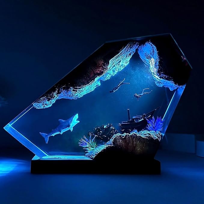 Shark Ocean Resin Lamp, Handmade Wooden Table Resin Night Light, USB Port Art Ornaments for Home Office Decor, Scuba Diver Gifts for Birthday Holiday, Valentine's Day Gifts for Husband