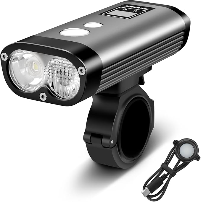 RAVEMEN PR1400 Rechargeable Bike Light, 1400 Lumens Light for Bike with Dual Lens, LED Display, IPX8 Waterproof Bike Front Light for Mountain Biking, Night Riding