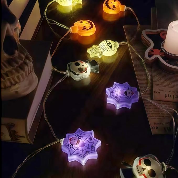 Halloween String Lights 9.8FT 20 LED Battery Powered Outdoor Decor, Cute Pumpkin Mummy Spider Skull Designs, 2 Lighting Modes for Indoor Window Yard Party Decoration (Style B)