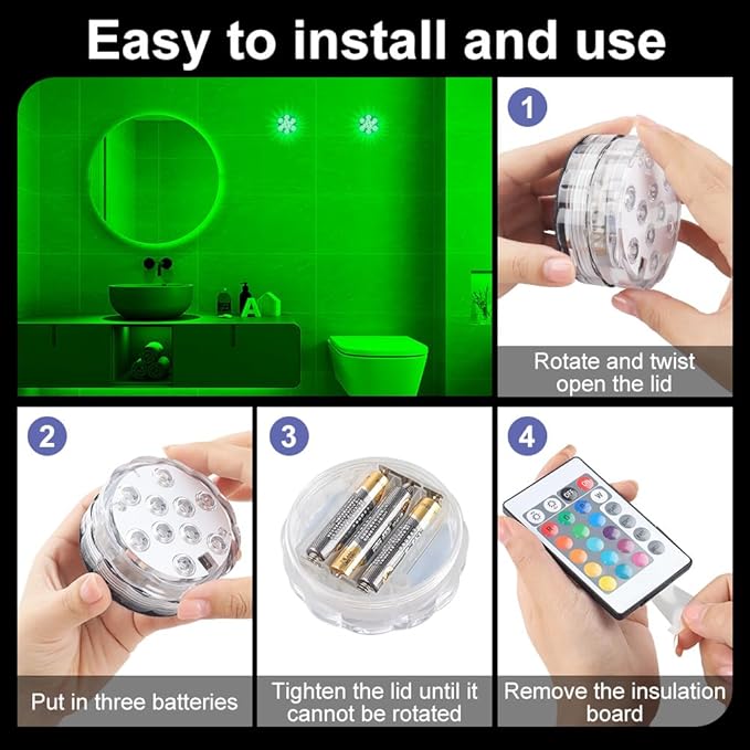 Waterproof Bathroom Shower Lights Wireless，RGB Color LED Nightlight Battery Operated,Cool Stuff for Bathroom Accessories Decor, Room Ambient Lighting（Battery Not Included）