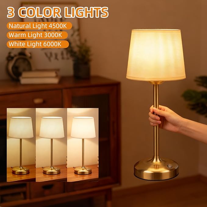 Cordless Table Lamp Gold with Dimmer, 4000mAH Battery Operated Lamp Rechargeable, 3 Color Temperature Touch Control Fabric Desk Light for Dining Room, Bedroom, Bar, Patio, Counter, Restaurant
