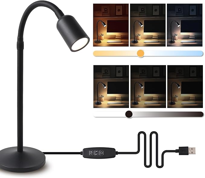 DAMI Dimmable LED Desk Lamp USB Powered, 3 Color Modes Flexible Gooseneck Reading Light, Eye-Caring Small Table Lamp for Home Office Study Bedroom Dorm Bedside - Black