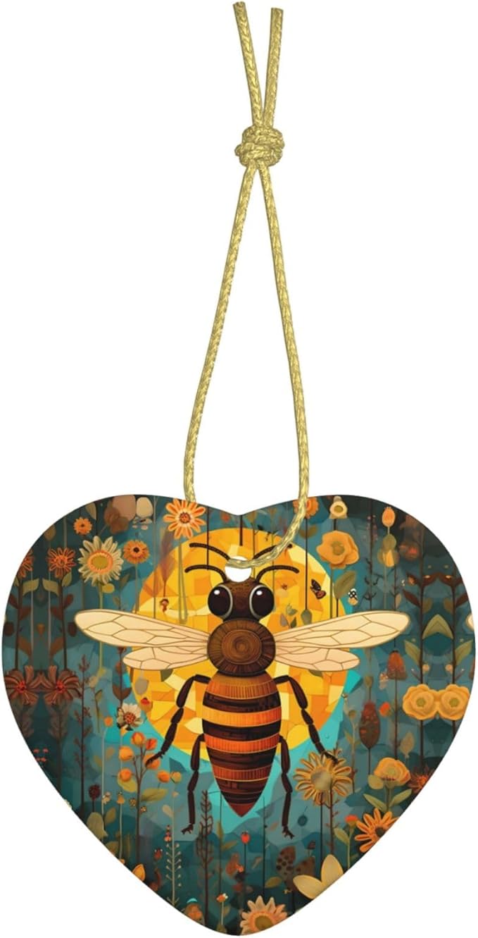 Bee Sunflowers Pattern Christmas Ornaments, Christmas Decorations Xmas Tree Hanging Ornaments, Heart-Shaped Ceramic Festive Keepsake Gift for Xmas Decorations Holiday Home Party