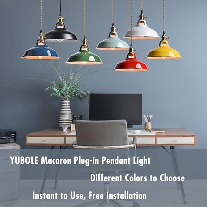 YUBOLE Nordic Hanging Pendant Light with Plug Metal Barn Hanging Light Fixture for Kitchen Bedroom Foyer, Yellow