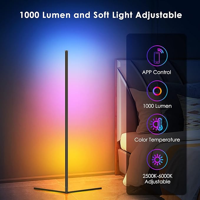 RGB Corner Floor Lamp, Easter Floor Lamp RGBIC Color Changing Corner Lamp LED Modern Floor Lights with Bluetooth APP and Remote Control Music Sync, 65" RGB Mood Lighting 24H Timing 398+ DIY Modes