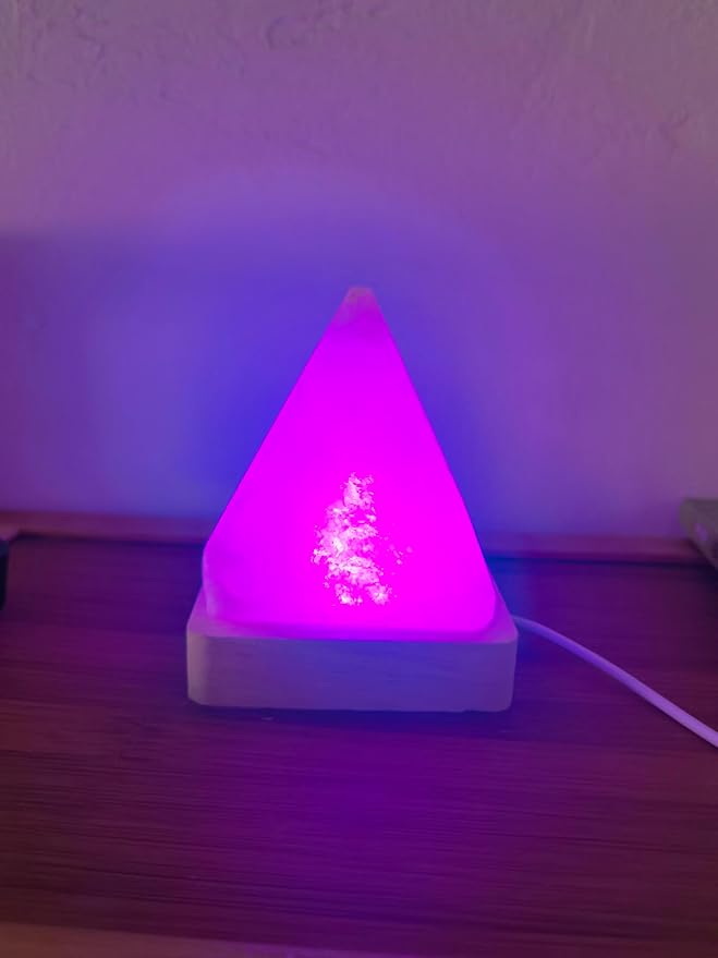 USB Rainbow Gradient Himalayan Salt lamp, Solid Wood Base Atmosphere Decoration Pyramids Salt Light with Remote Control, Natural Crystal Stone Bedside Night lamp, Handmade Crafts.