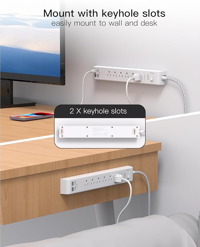 2 Pack Power Strip Surge Protector, 6 Outlets 4 USB Ports (2 USB C) 5Ft Long Extension Cords, Flat Plug Overload Protection Outlet Strip, Wall Mount for Home, Office and Dorm Essential, ETL Listed