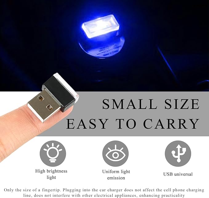 4 PCS USB LED Car Interior Atmosphere Lamp, Portable Plug-in 5V USB Car LED Interior Lighting Night Lamp, Mini USB Ambient Lighting Decor for Home Car Laptop Keyboard (Blue)