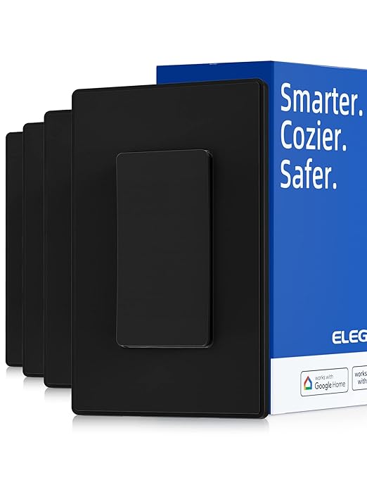 ELEGRP Smart Light Switch, 2.4GHz Wi-Fi Light Switch Compatible with Alexa & Google Assistant, Neutral Wire Required, APP Control and Timer Schedule, UL Certified,Single Pole, Black, 4 Pack