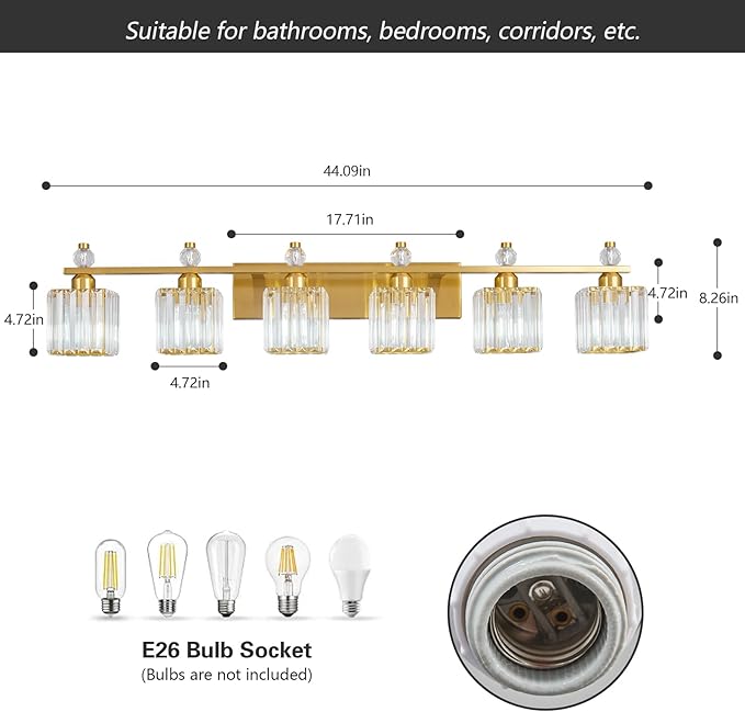 Vanity Lights 6-Light Modern Crystal Vanity Light Gold Bathroom Light Fixtures Over Mirror Crystal Bathroom Vanity Lighting Fixtures