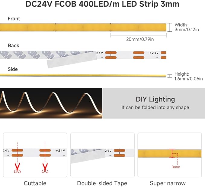 BTF-LIGHTING FCOB COB 3mm Width UL Listed Super Narrow Flexible Uniform LED Strip Light 16.4FT DC24V 2700K CRI 90+ Dimmable LED Ribbon for Kitchen Home Indoor Decor(No Adapter or Controller)