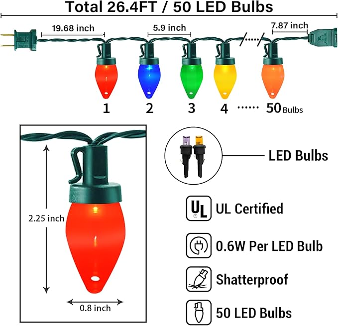 26.4Ft - 50 LED Bulbs Multicolor C7 LED Christmas Lights Outdoor Big Bulb Colored Christmas Tree Lights, Plug in Colorful C7 String Lights for Multicolored Indoor Outdoor Xmas Decorations, 0.6W = 7W