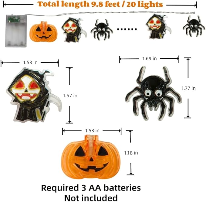 Halloween String Lights 9.8FT 20 LED Battery Powered Outdoor Decor, Pumpkin Mummy Skull Spider Designs, 2 Lighting Modes Halloween Lights Indoor for Yard Party Decoration(Style A)