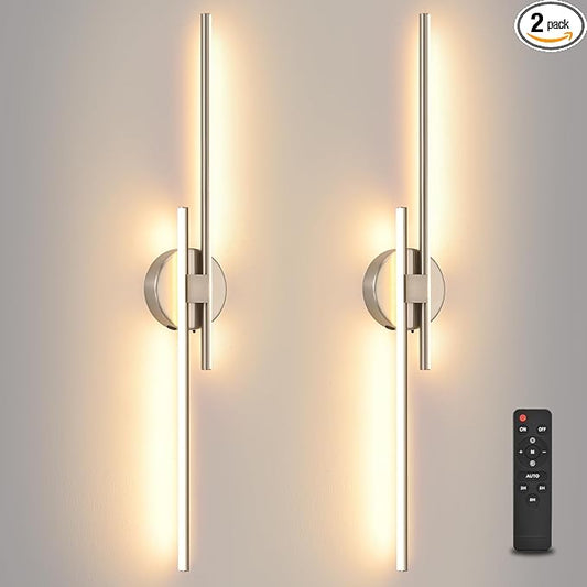 Battery Operated Wall Sconce set of 2, USB Rechargeable Wireless Sconces with Remote Control, LED Dimming Wall Lamp 3 Color/Timer/Memory, 31.4 Inch Brushed Nickel Wall Lights for Bedroom Living Room