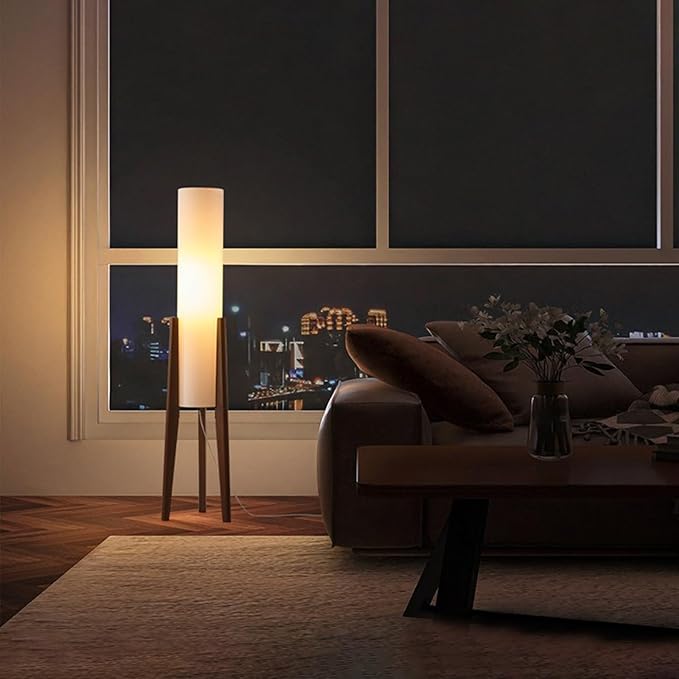 MIXL-Walnut Wood Finish Tripod Floor Lamp,Cylinder Shade Tall Standing Lamp,Rustic Living Room Floor Lamp,Vintage Style Standing Light for Bedroom Office