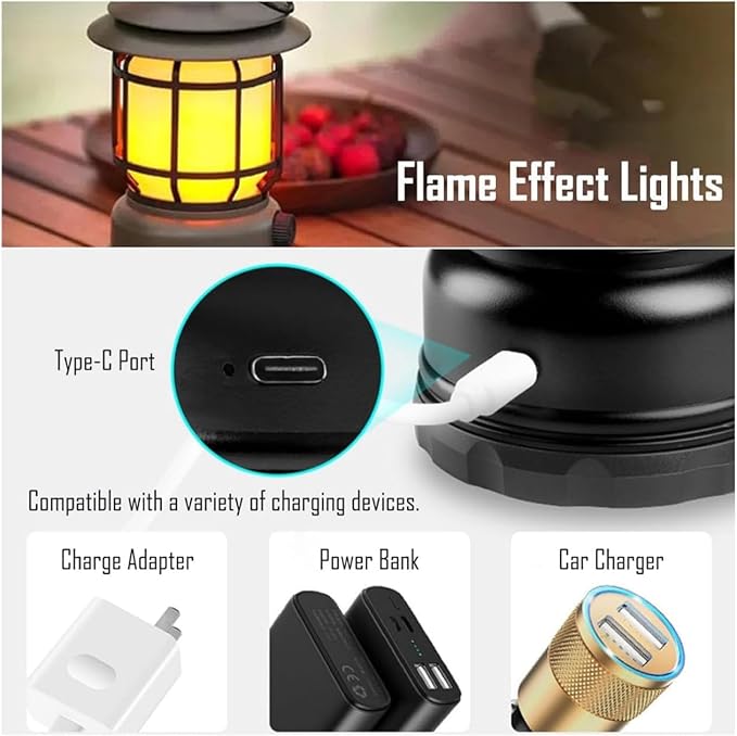 2PACK Rechargeable Camping Lantern, Flame Decorative Table Lamp, 2 Modes LED Light with Hook,Dimmable Vintage Style,Portable Waterproof Camping Light for Indoor/Outdoor Use
