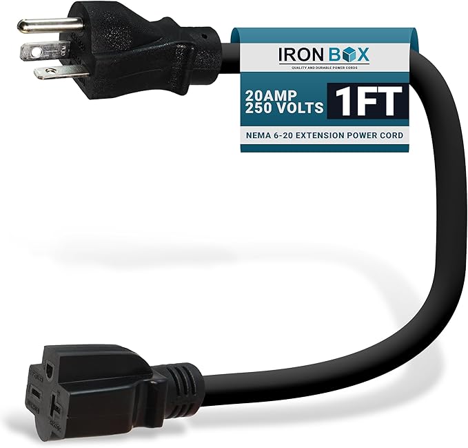 IronBox Electric - NEMA 6-20 Extension Cord - 12/3 SJT Jacket, 20A, 250V Cord - Compatible with Any Generator Equipped with a 6-20 Receptacle - Heavy Duty Extension Cable(Molded, 1 Foot)