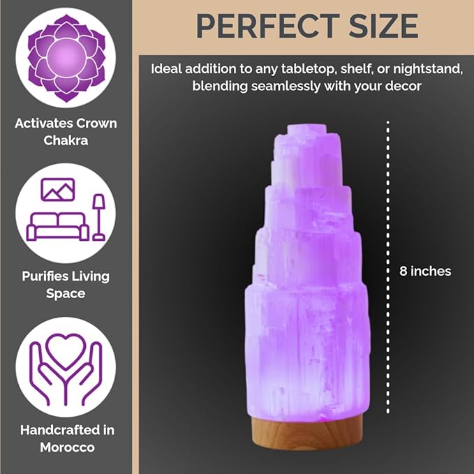 Wish Well Large Selenite Lamp with 7 Color LED Wooden Base - 8" Selenite Tower Healing Crystals for Zen Decor, Spiritual Room Decor, Energy Healing, and Protection