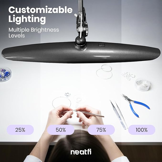 Neatfi XL 2200 Lumens 24W LED Desk Lamp with Clamp - Shadow-Free Task Lighting | 4-Level Dimming | Home Office & Crafts Use | 20-Inch Wide Head (Non-CCT, Space Gray)