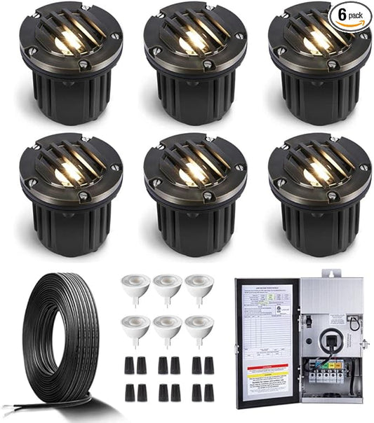 Gardenreet Brass In Ground Lights Kit(6 Pack) with 150W Low Voltage Transformer & MR16 Bulb & 100Feet Wire & Connectors, 12V LED Well Lighting for Outdoor Yard Garden Paver Path(Grated Top)