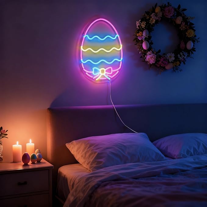 Easter Eggs Neon Sign - Multicolor Pastel LED Wall Light, USB Powered Dimmable Spring Decor with Hanging Chain - Perfect for Easter Party Decorations & Home festive Decor