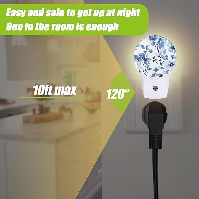 Vintage Blue Floral Night Light,Abstract Botanical Floral Plug-in Night Lights with Dusk-to-Dawn Sensor for Bedroom Bathroom and Living Room Sleep Friendly lamp