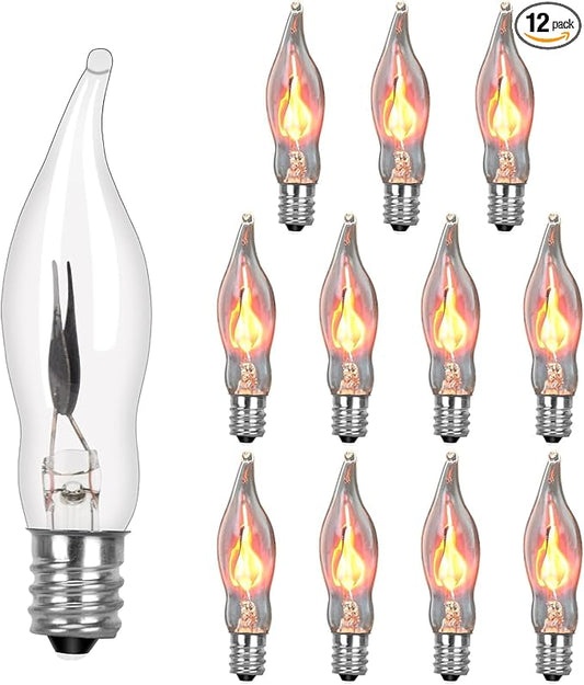 Halloween Flicker Flame Light Bulbs, Crystal Clear Flame Tip Candelabra Bulbs, Flickering Replacement Bulbs Dances with Orange Flame, 120 Volt, 1 Watt, E12 Candelabra Base, 12 Pack
