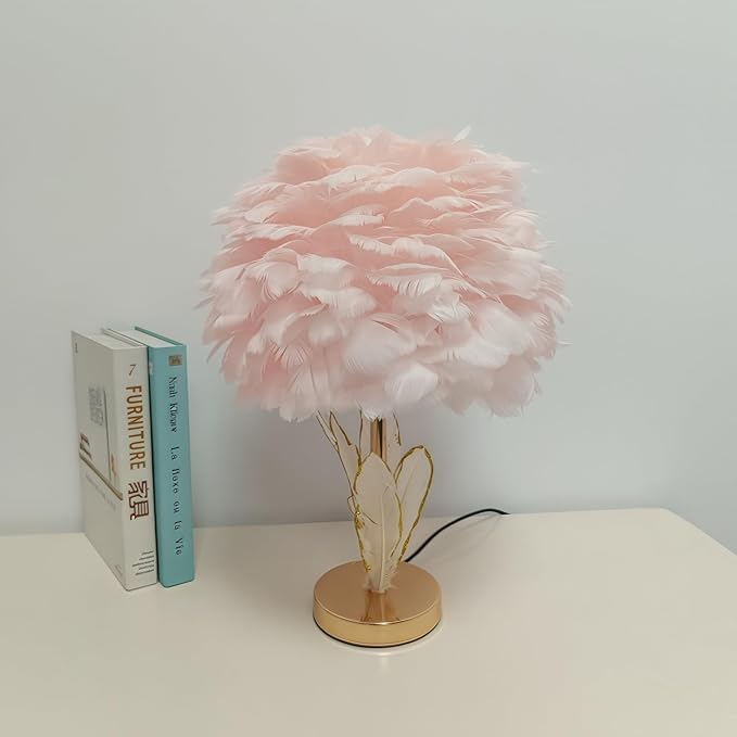Pink Feather Lamp Goose Furry Table Lamp Princess Modern Fluffy Desk Lamp Simple Wedding Decor Romantic Bedside Night Light for Girl Bedroom Living Room Hotel