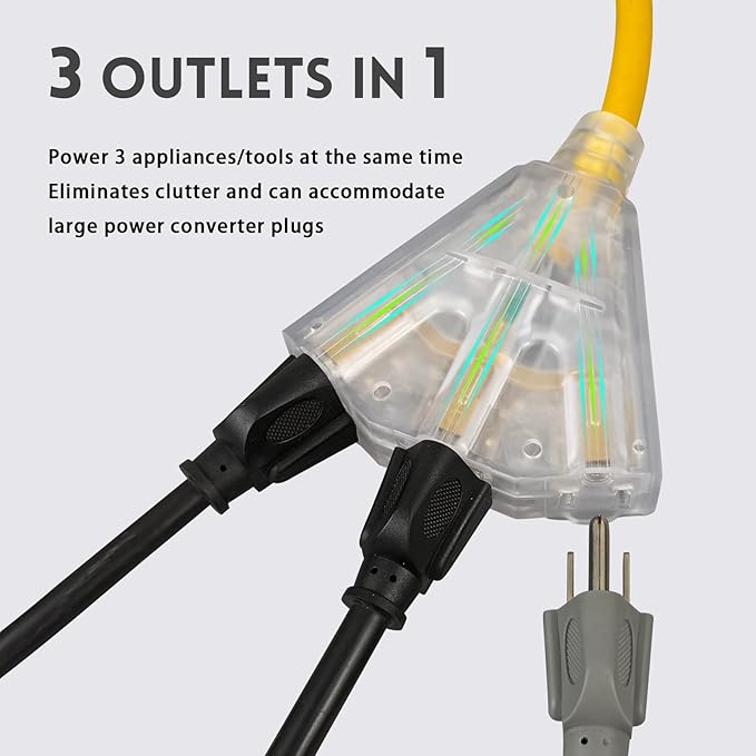 EP 6 Ft Lighted Outdoor Extension Cord with 3 Electrical Power Outlets - 14/3 SJTW Heavy Duty Yellow Extension Cable with 3 Prong Grounded Plug - Power Cord for Lawn, Garden, Appliances