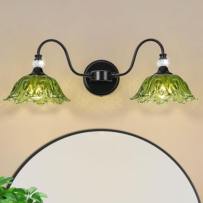 Black Bathroom Vanity Light, 2-Light Vanity Light with Floral Green Glass Shades,Vintage Farmhouse Wall Mount Lighting for Bathroom, Dressing Table