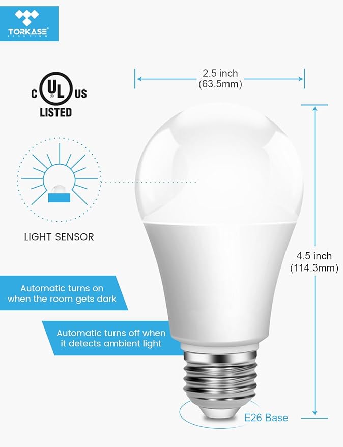 Torkase Outdoor Dusk to Dawn Light Bulbs, No Timer Required, 13W(100W Equivalent), 3000K Warm White, E26 A19 Automatic Sensor LED Bulb, Built-in Photocell Detector for Boundary Garage Patio, 3 Pack