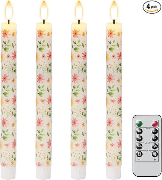 Floral Flameless Taper Candles with Remote Timer, LED Taper Candles Battery Operated Warm 3D Wick Flickering, Real Wax CandleSticks, Wedding Birthday Christmas Decor