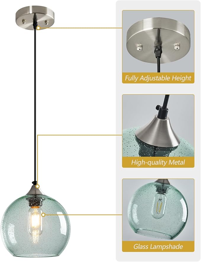Light Green Glass Pendant Lights Kitchen Island Lighting Globe Pendant Light Fixtures Modern Pendant Lighting for Bedroom Living Dining Room Light Fixture (7.87 in, 2 Pack)
