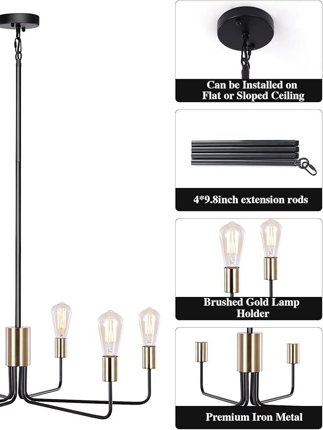 ETONIMERR Black Gold Chandelier Light Fixture 6-Light, Modern Chandelier for Dining Room Light Fixture Industrial Pendant Light for Kitchen Island Living Room Bedroom Foyer