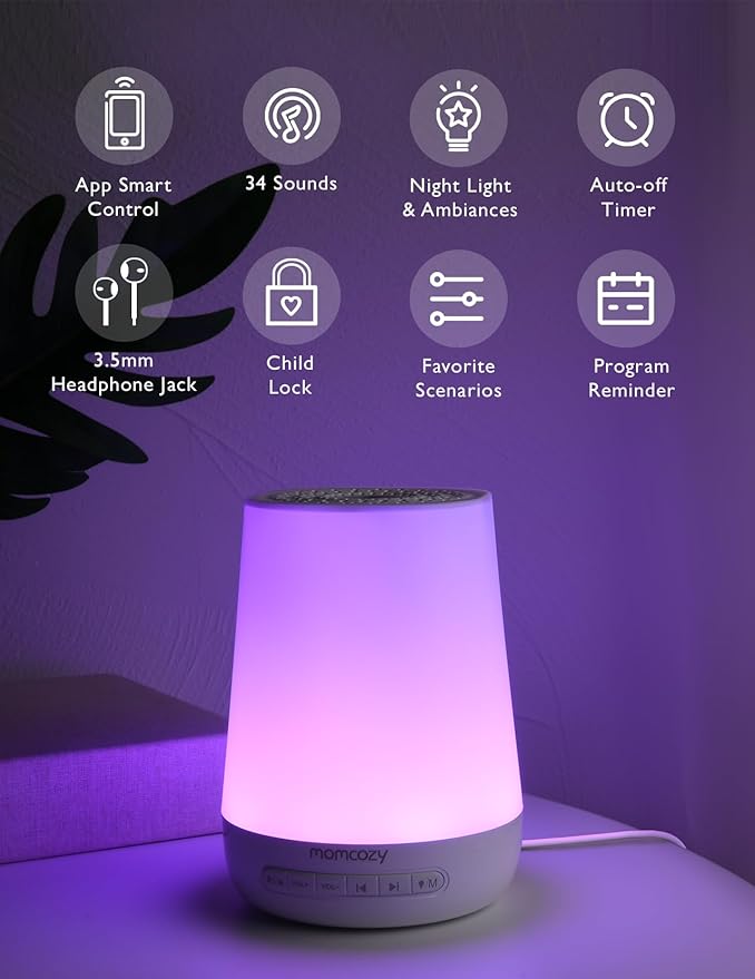 Baby Sound Machine, Momcozy White Noise Machine for Baby Sleeping with Night Light, Toddler Sleep Trainer 34 Soothing Sleep Sounds, Timer, App Remote Control, Personal Sleep Routine Alarm Clock(Blue)
