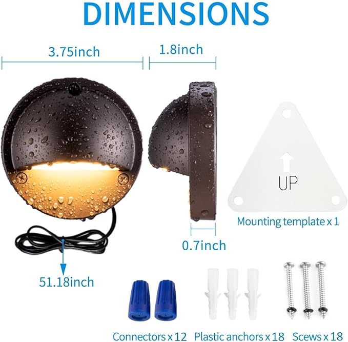LED Low Voltage Deck Lights 2700K Landscape Railing Fence Light 180LM 12-24V AC/DC Aluminum Housing Outdoor Step Lights IP65 with Wire Nuts 4FT Corded ORB Finish 3.74 Inch Diameter 6-Pack