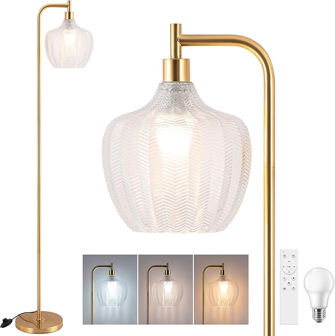 Gold Floor Lamp for Living Room, Modern Standing Lamp with Remote, Dimmable Clear Glass Tall Lamp, Mid Century Vintage Floor Lamps for Bedroom, Study Room (Clear)