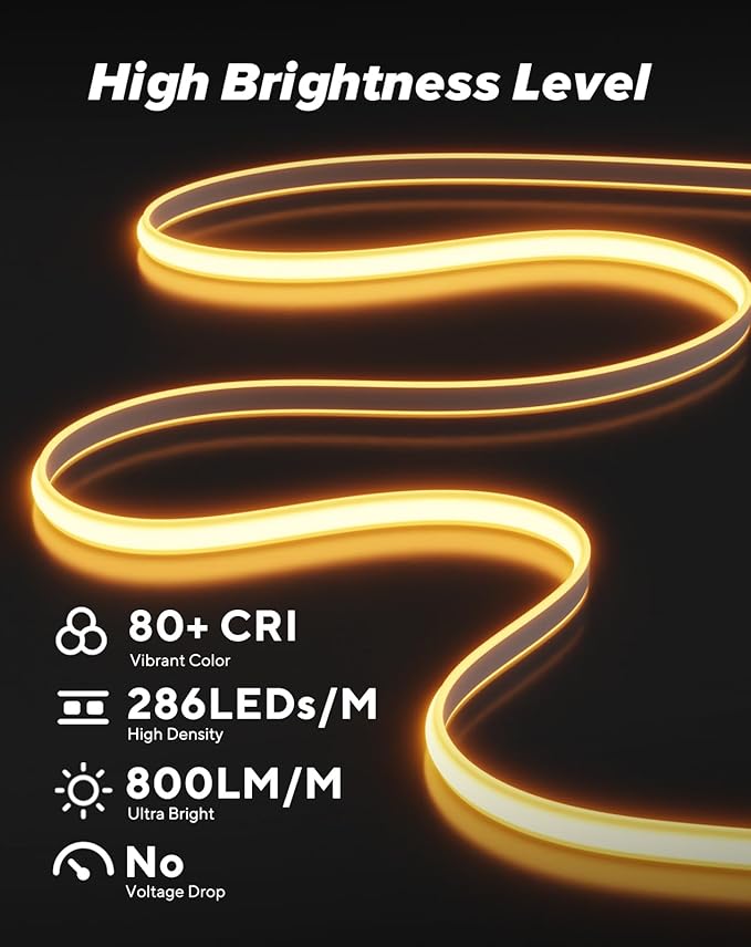 Shine Decor COB LED Rope Light AC 120V, 800lm Ultra Bright, IP65 Waterproof Cold-Resistant ETL Neon Strip, No Driver Tape Lighting for Home Commercial 10x4.5mm, 2800K Warm White, 32.8ft