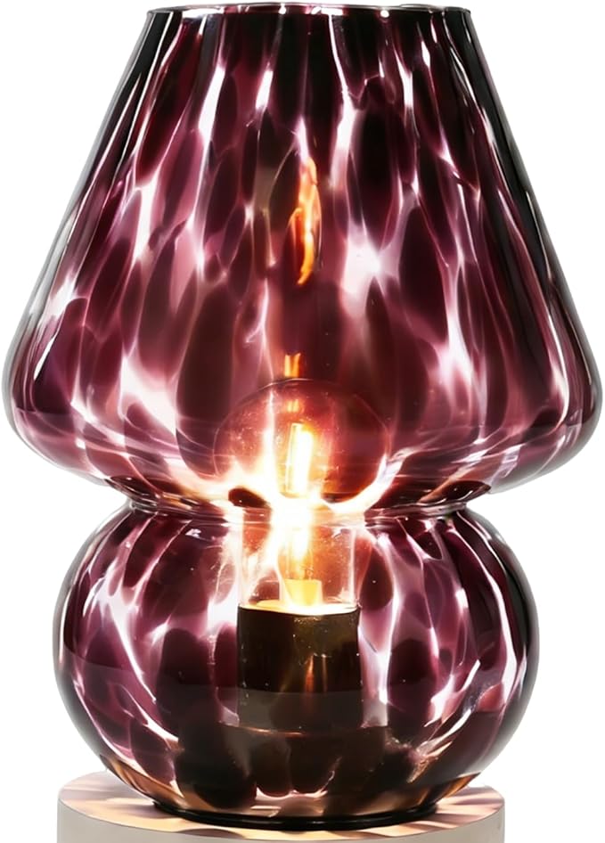 Glass Mushroom Lamp, Mushroom Desk Lamp with LED Bulb, Small Purple Battery Operated Cordless Lamps for Kitchen Counter, Bedroom Nightstand, Living Room, Gift for Mom