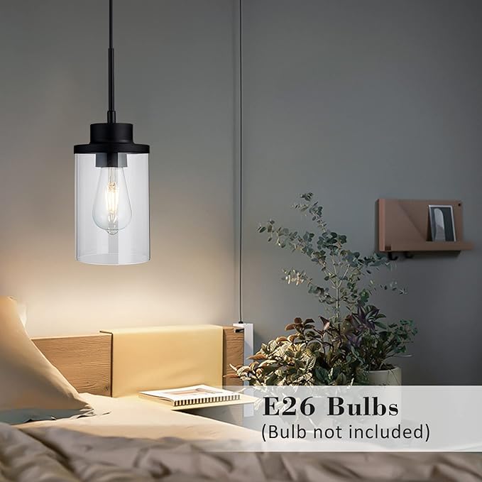 Modern Black Farmhouse Clear Glass Cylinder Pendant Light Fixture,Ceiling Hanging Metal Industrial Mini Pendant Lighting for Kitchen Island Dining Table Bedroom Hallway Foyer…