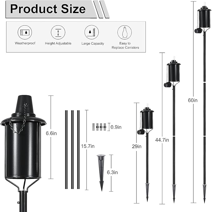 4 Pack Metal Torch for Outside, 59-Inch Citronella Torches Outdoor, 16oz Upgraded Table Top Outdoor Torches for Patio Pathway Party, Metal Garden Torch Décor